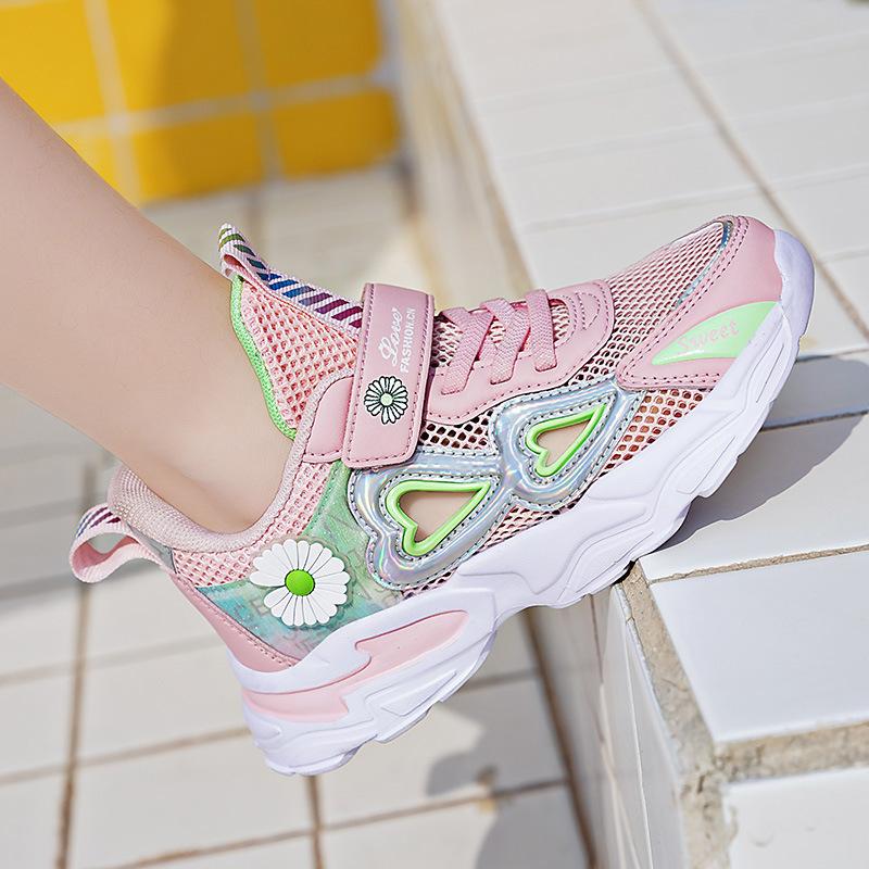 Girls Breathable Single Mesh Shoes Summer Hollow Nonslip Shoes Student Soft Bottom Running Kids Leisure Outdoor Sports