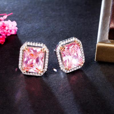 CMM Klassischer Schmuck für den Alltag, quadratisch, rosa Zirkonia, kleine Ohrstecker für Damen