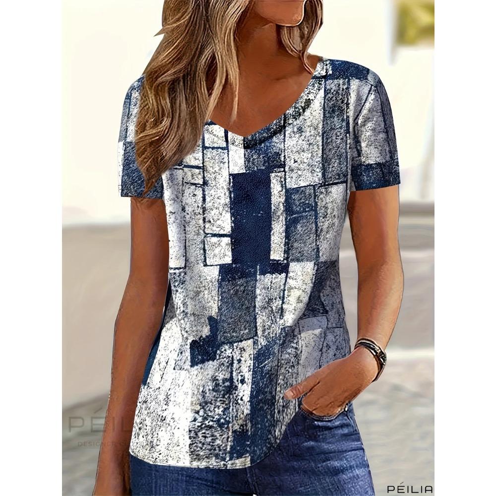 

Summer New Women s T-shirt 3D Denim Plaid Printing V-neck Short-sleeved Shirt Fashion Women s T-shirt S