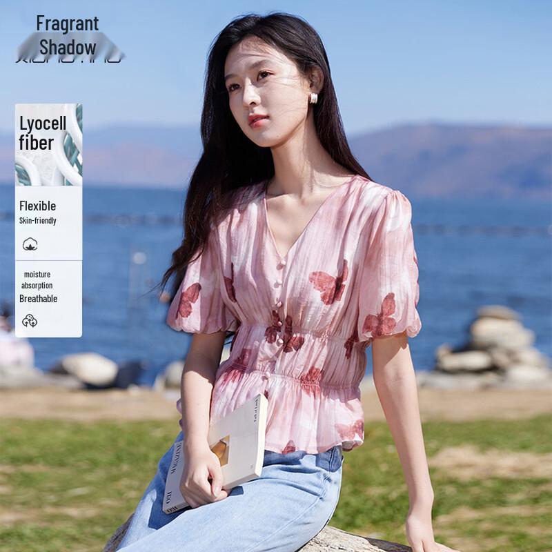 Xiangying Women s French V-neck Chiffon Blouse with Butterfly Print L