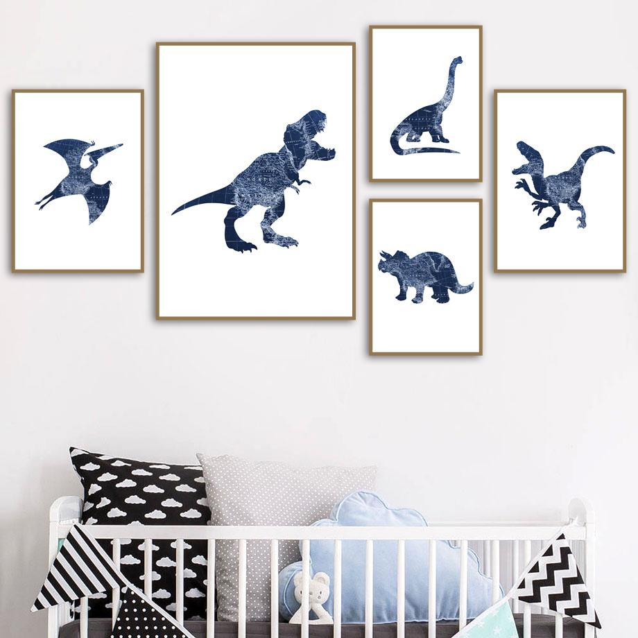 Blue Dinosaur T-Rex Brachiosaurus Wall Art Canvas Painting Nordic Dino Posters And Prints Wall Pictures For Baby Kids Room Decor