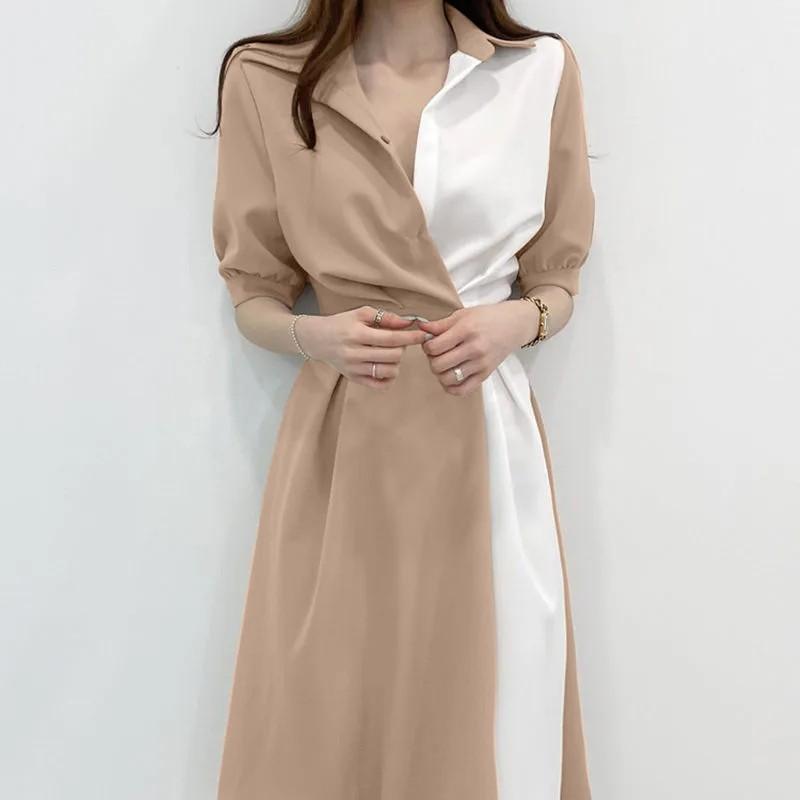 

Платье с коротким рукавом и контрастной цветной строчкой на одной пуговице на талии XL хаки