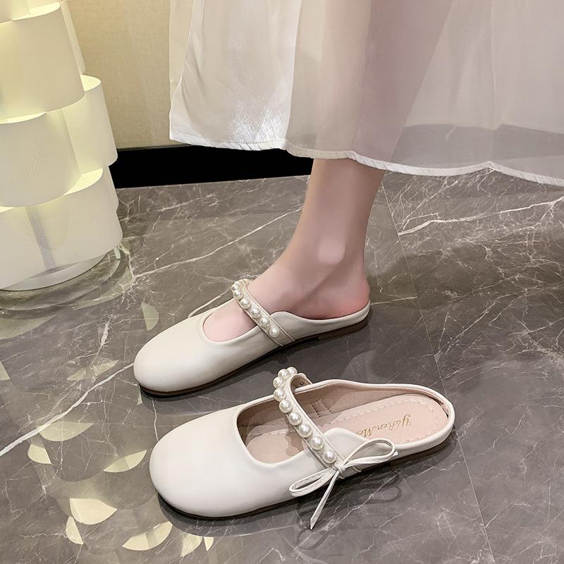 Slippers Women's New Soft-soled Grandma Shoes In the Summer of 2025, Pearl Bow, Small Fragrant Style, Outer Wear, Bag Head Sandals Women