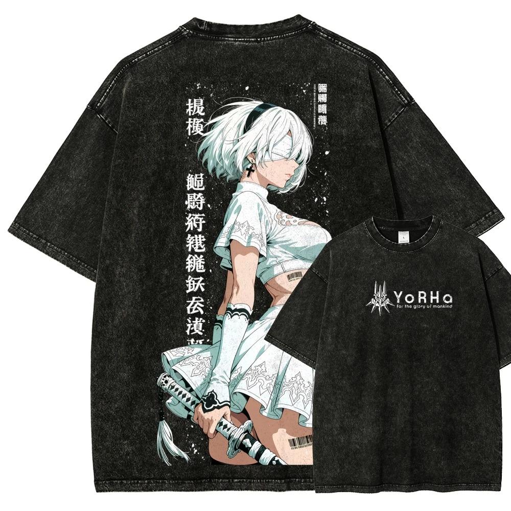 NieR: Automata YoRHa 2B Vintage Washed Double-Sided Print Oversized T-Shirt | Unisex Streetwear Top