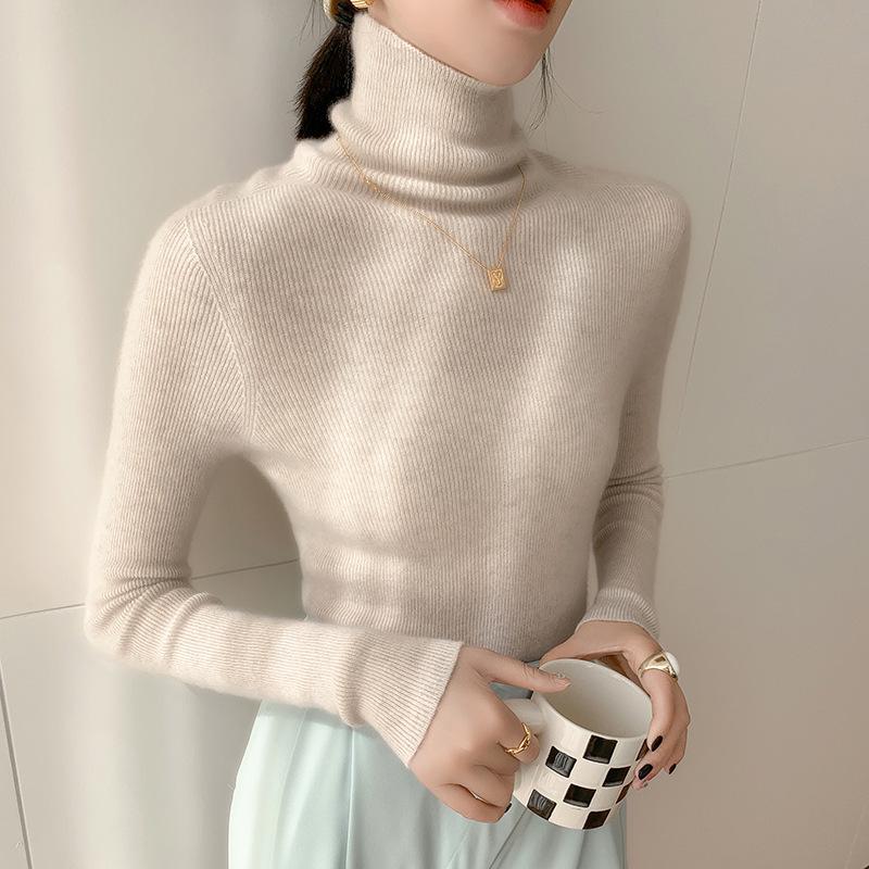 Women's Slim Fit Wool & Cashmere High Neck Sweater - Seamless, Solid Color for Autumn/Winter.