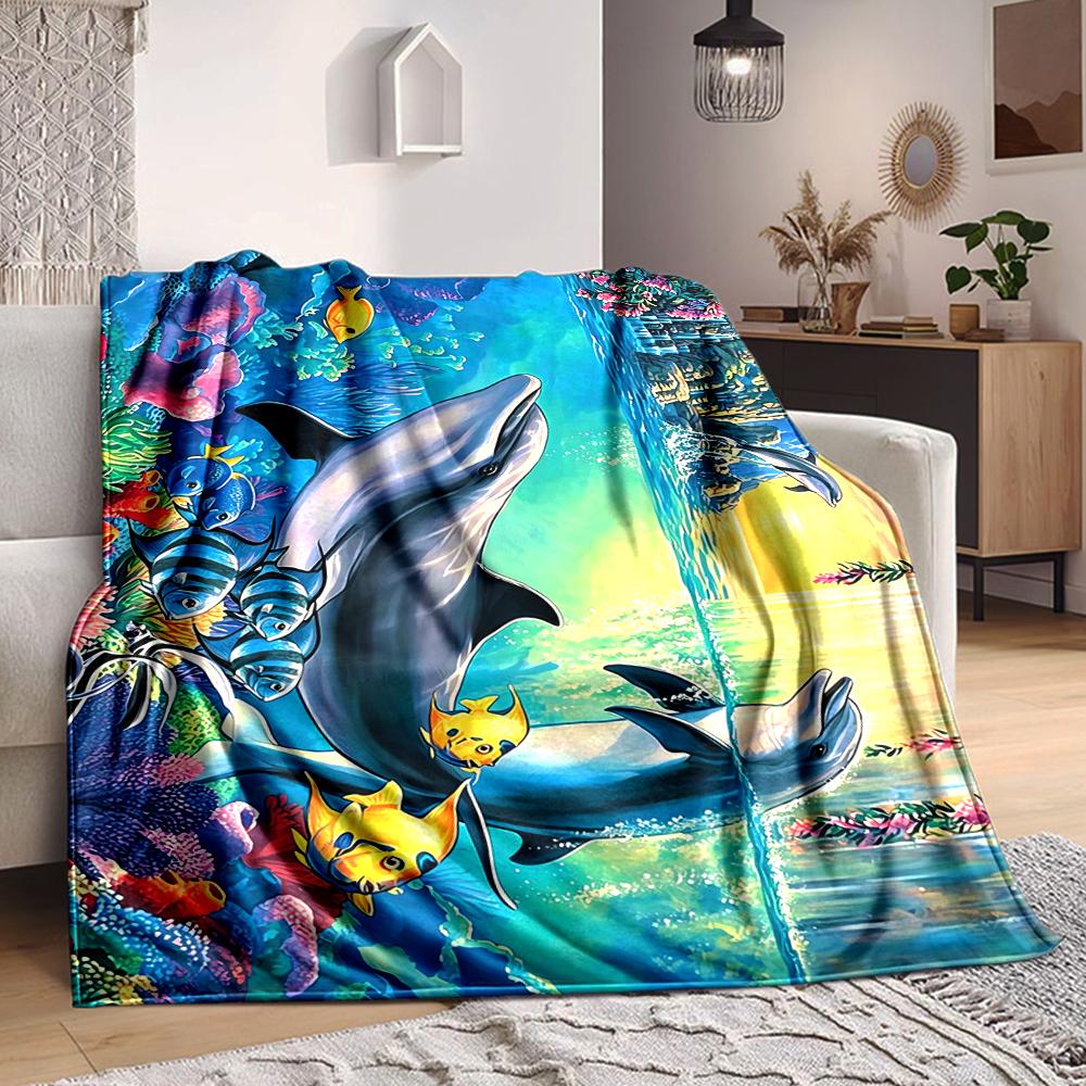 1Pc Dolphins Tropical Fishes Blanket Soft And Comfortable Casual Warm Camping Travel Christmas Halloween Xmas Gift M928244