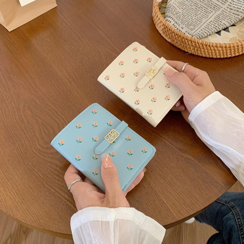 

PU Flower Pattern Bifold Purse Soft Card Holder Kawaii Clutch Wallet Outdoor