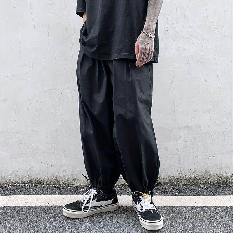 Vintage Solid Color Loose Cotton Men's Cargo Pants Street Casual Drawstring Anklet All-match Casual Male Knickerbockers