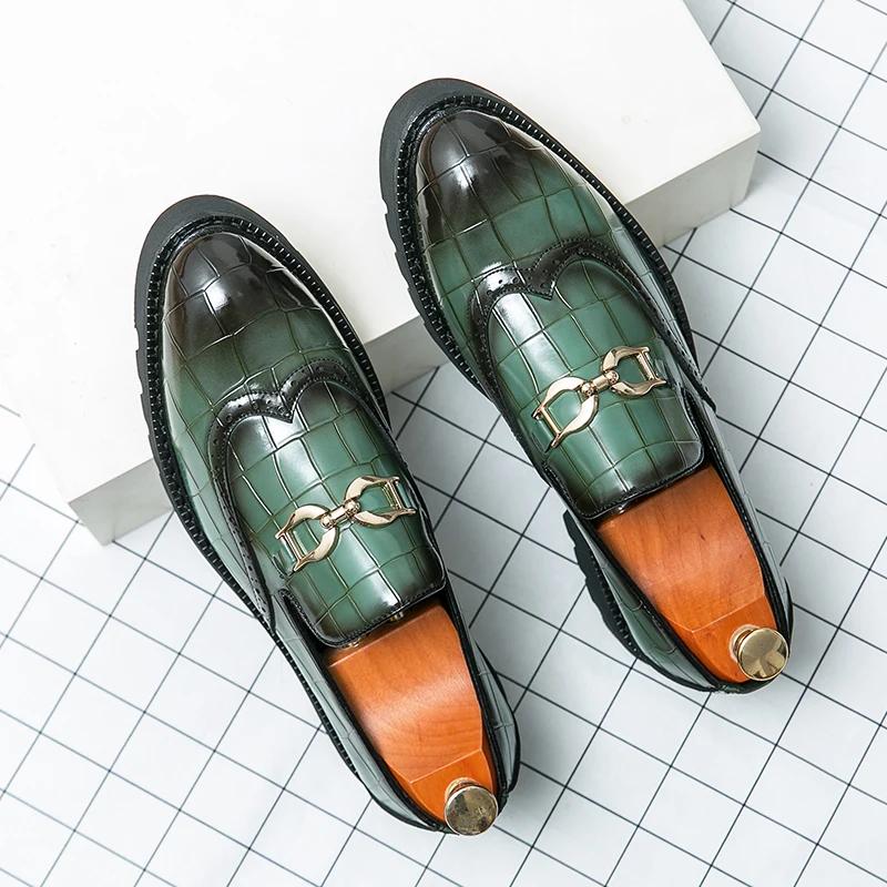 Trendy Brand Green Brogue Shoes Man Men's Leather Business Shoes Groom's Wedding Mens Loafers British Style Shoes for Men