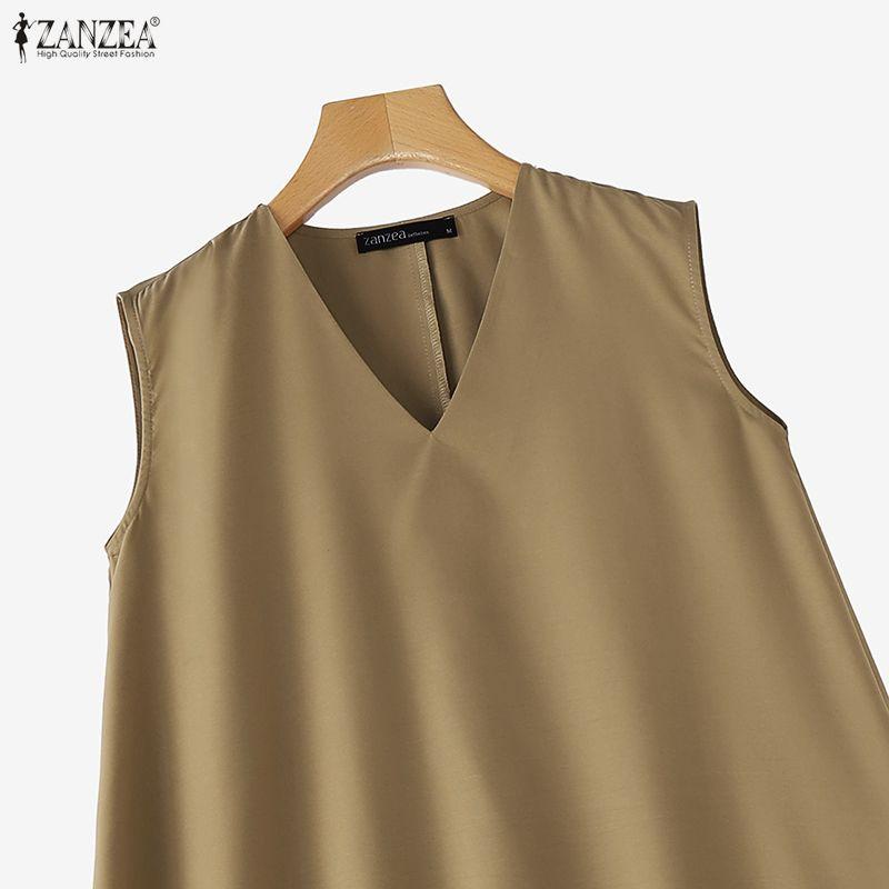 ZANZEA Women Casual V-Neck Solid Color Loose Sleeveless Dress