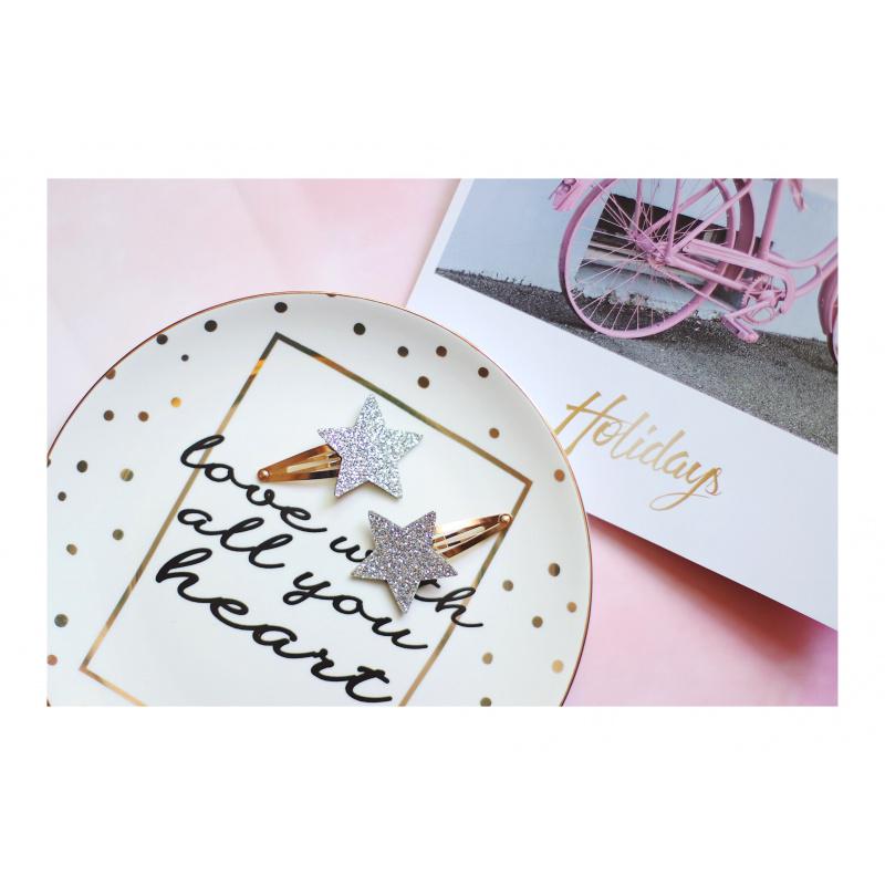 Korean Sparkle Fabric Hair Clips: Star & Heart Anti-Slip BB Clips for Kids