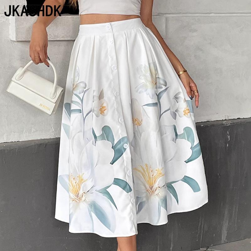

JKASHDK Women s Flower Pattern Print Casual Summer Spring Skirts S бежевый