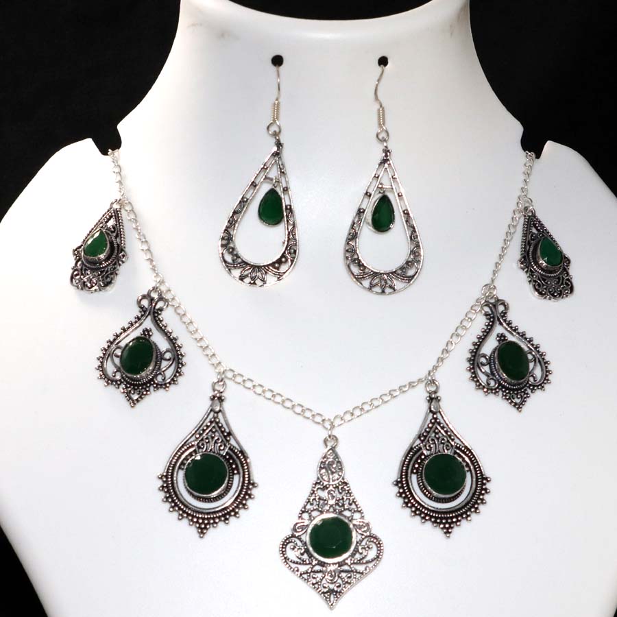 Exclusive Cluster Green Onyx 925 Silver Plated Necklace Earrings Set 18|2.2" g9b44