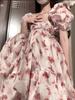 Atemberaubendes französisches Campanula Rosa Blumen Chiffon Sommerkleid - Super Feenhaft Langer Stil