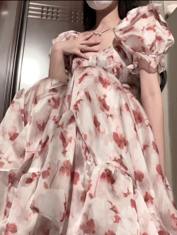 Atemberaubendes französisches Campanula Rosa Blumen Chiffon Sommerkleid - Super Feenhaft Langer Stil