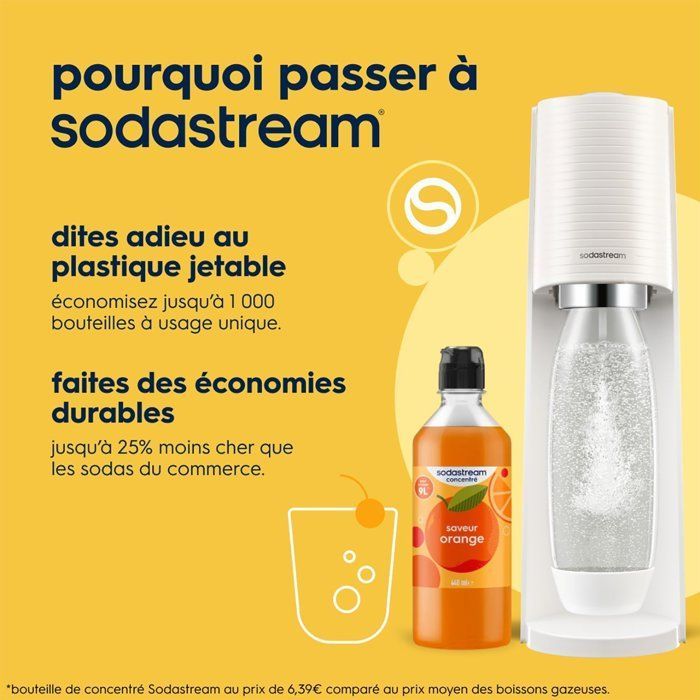 Machine à soda et eau pétillante SODASTREAM - TERRA Blanche - 2 bouteilles compatible lave-vaisselle - 1 recharge de gaz 60L