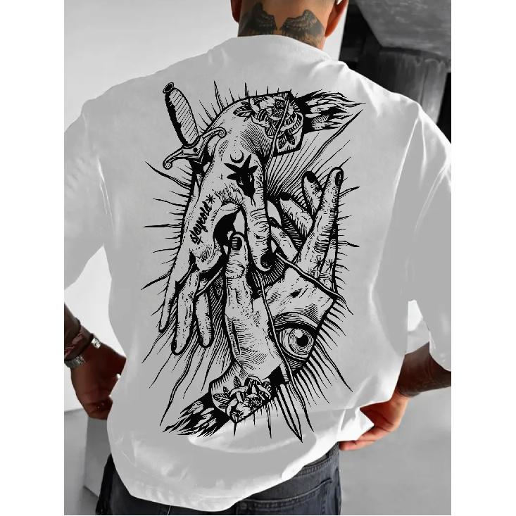 Men's Oversized White T-Shirt with Gothic Hand Dagger Back Print, Short Sleeve Crew Neck Streetwear for Edgy Casual Daily Wear