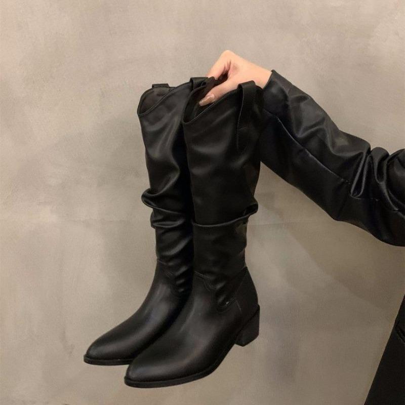 Fashion Vintage Chunky Heel Western Cowboy Boots for Women Winter New Style Faux Suede Ankle Boots Woman Pointy Chunky Heels Short Boots