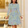Women Long Sleeve Round Neck Midi Dress Abstract Ink Wash Daisy Floral Print Flared Casual Dress