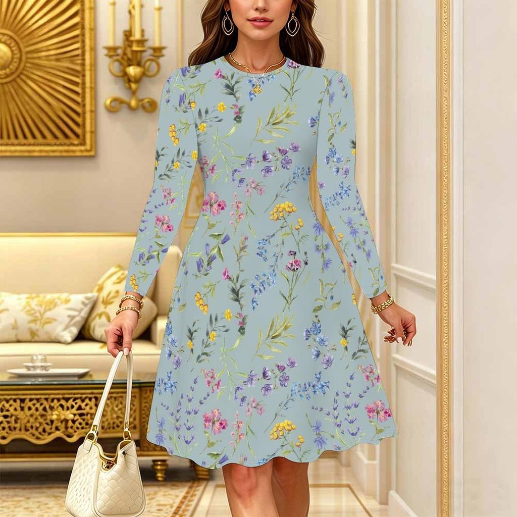Women Long Sleeve Round Neck Midi Dress Abstract Ink Wash Daisy Floral Print Flared Casual Dress