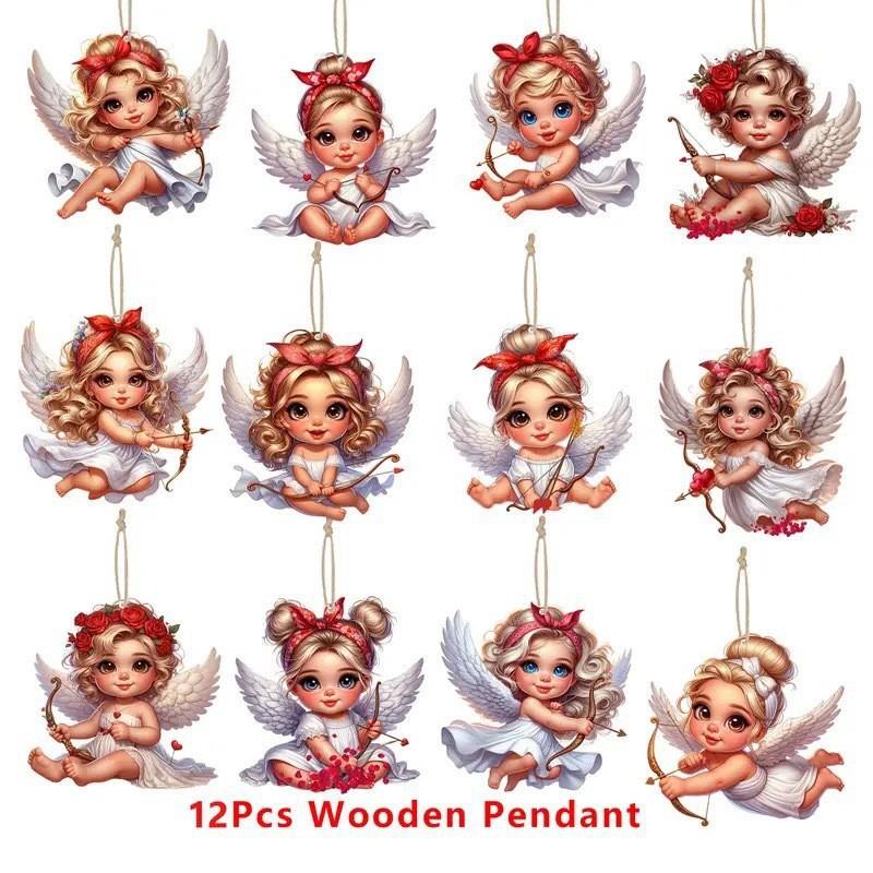 Christmas Angel Wooden Decorative Set, Christmas Decorative Pendant, Winged Holiday Hanging Sign.