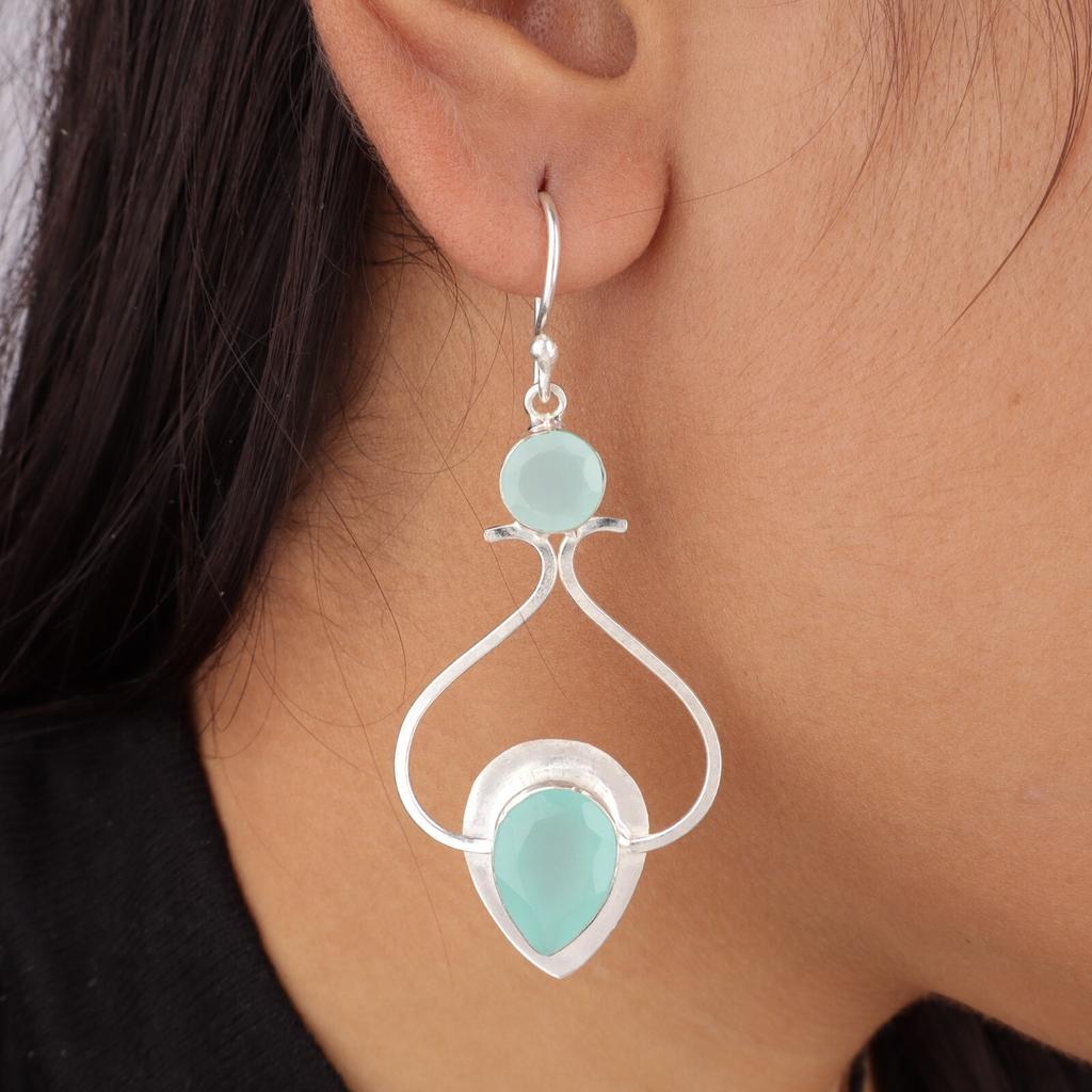 Natural Aqua Chalcedony Gemstone 925 Solid Silver Handmade Hook Earrings 2.07" EE-170-21