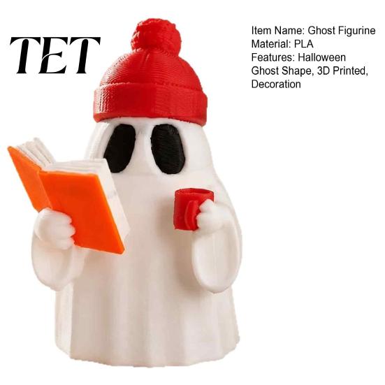Decorative Ghost Figurine 3D Printed Halloween Figurine, Red Hat Reading Mini Statue, Holding Coffee Sculpture for Holiday Party Decoration Statue
