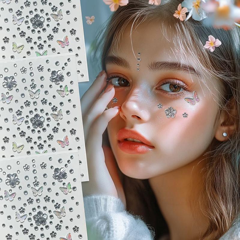 Face Diamond Gem Sticker Butterfly Flowers  Tattoo Eyeshadow Stickers For Festival Nail Body Makeup Bling Jewel Diy