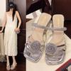 Fashion Rhinestone Slippers Women's 2025 Summer Wear Fashion Fairy Style Toe Slip with Crystal Block Heel Kitten Heel