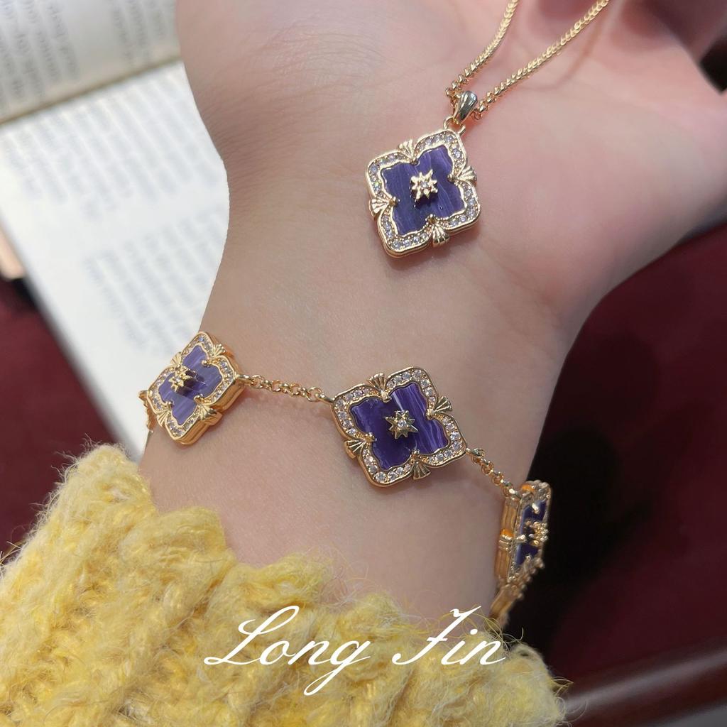 French Retro Four-Leaf Clover Window Grilles, Purple Dragon Crystal Jewelry Set, Necklace, Bracelet, Earrings, And A Ring.