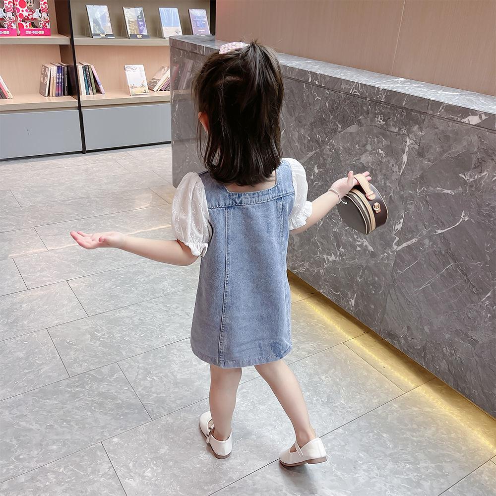 Children Dress Summer Girl's Denim Skirt with Strap Single Breasted Ruffle Short Sleeve Denim Skirt