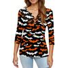 Top T-shirt da donna con scollo a V, bottoni, maniche a tre quarti, per Halloween