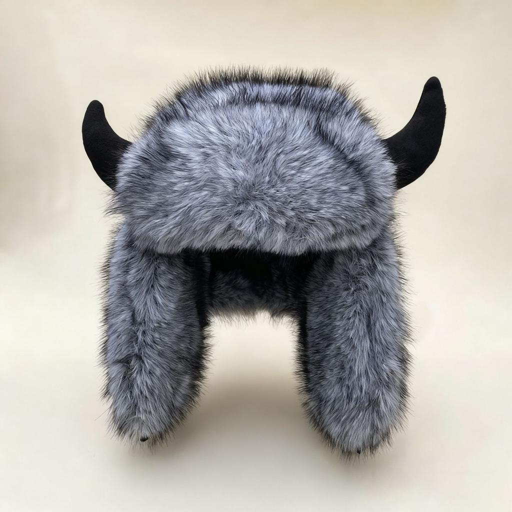Funny Bull Head Plush Lei Feng Hat Women Winter Warm Ear Protection Windproof Cold Cycling Bull Devil King Hat Halloween