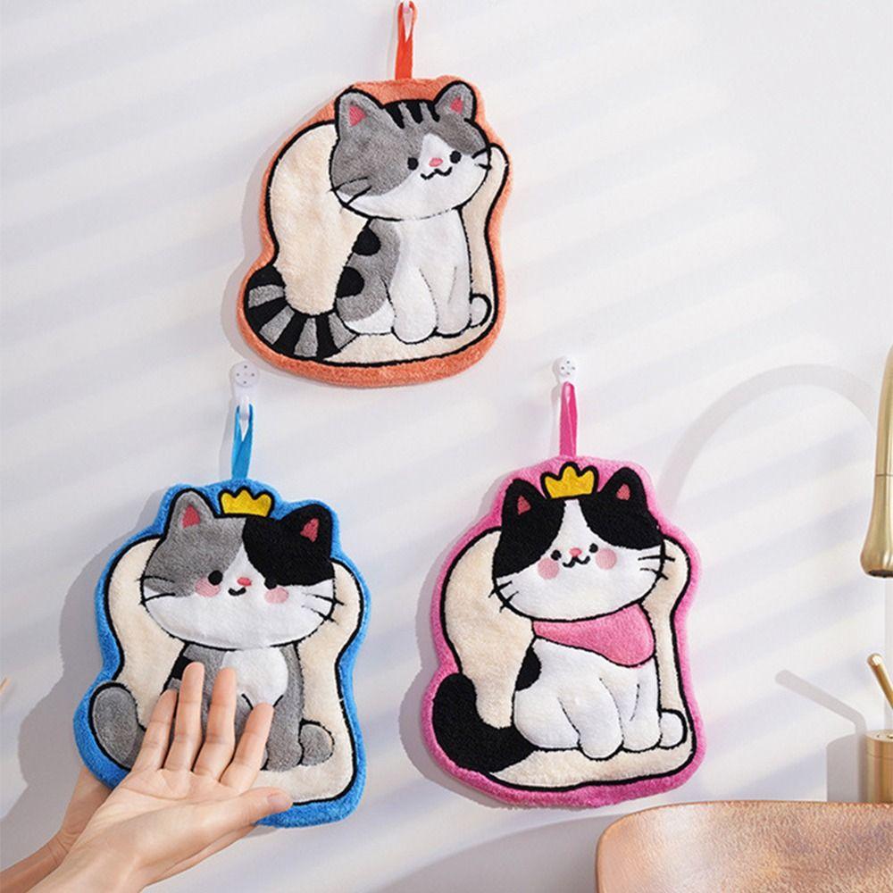 Cute Coral Fleece Cat Hand Towel Strong Water Absorption Thickened Bathroom Kerchief Soft Hanging Handkerchief Bathroom