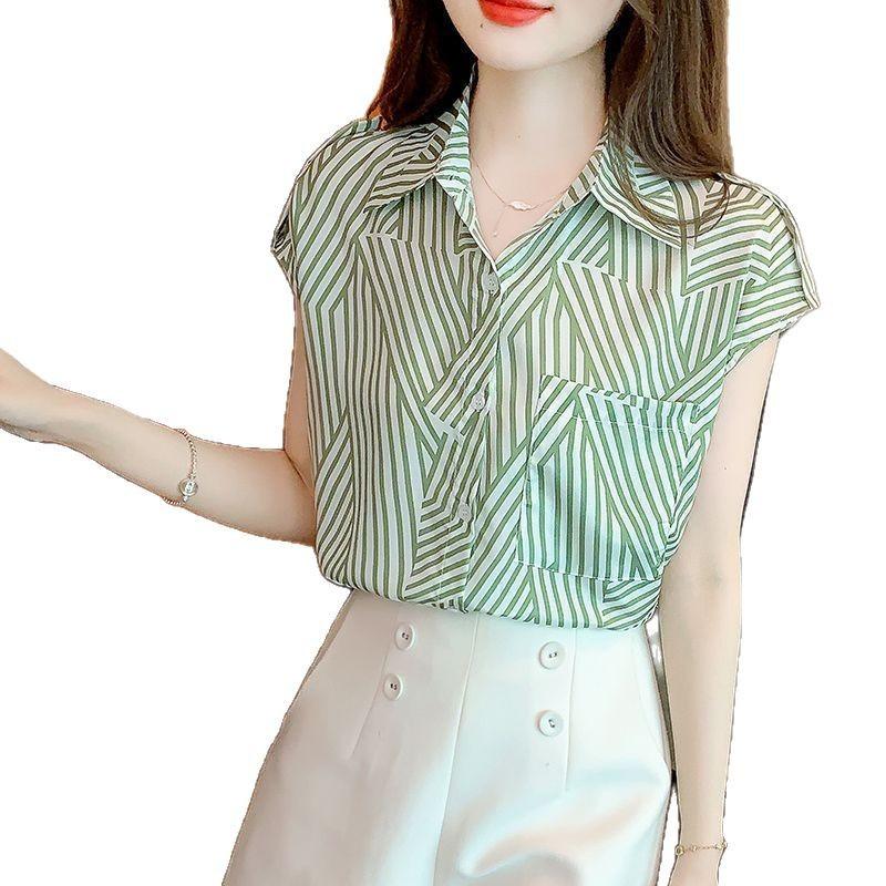 Women's Striped Shirt Summer Elegant Slimming Design Chiffon Short Sleeve Shirt