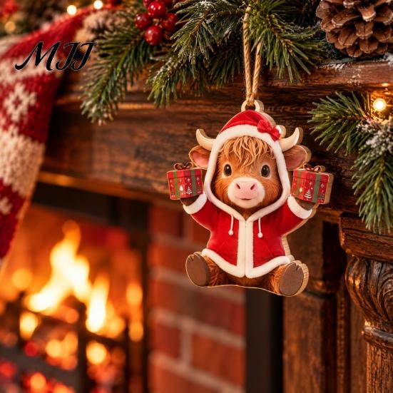 Highland Cow Christmas Ornaments Wooden Ornament, 2D Cute Hanging Rustic Farmhouse Decor with String, Animal Holiday Tree Party Decoration for