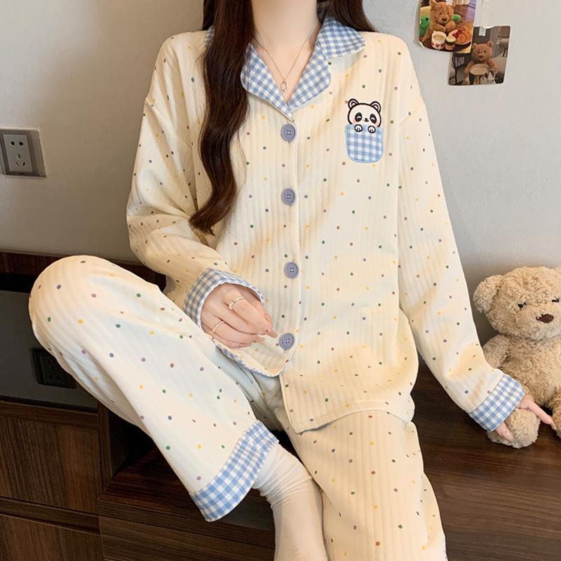 Dackel-Pyjama Herbst und Winter Damen Warm Süß Kariert Luftbaumwolle Lässig Trend Cartoon Loungewear Set
