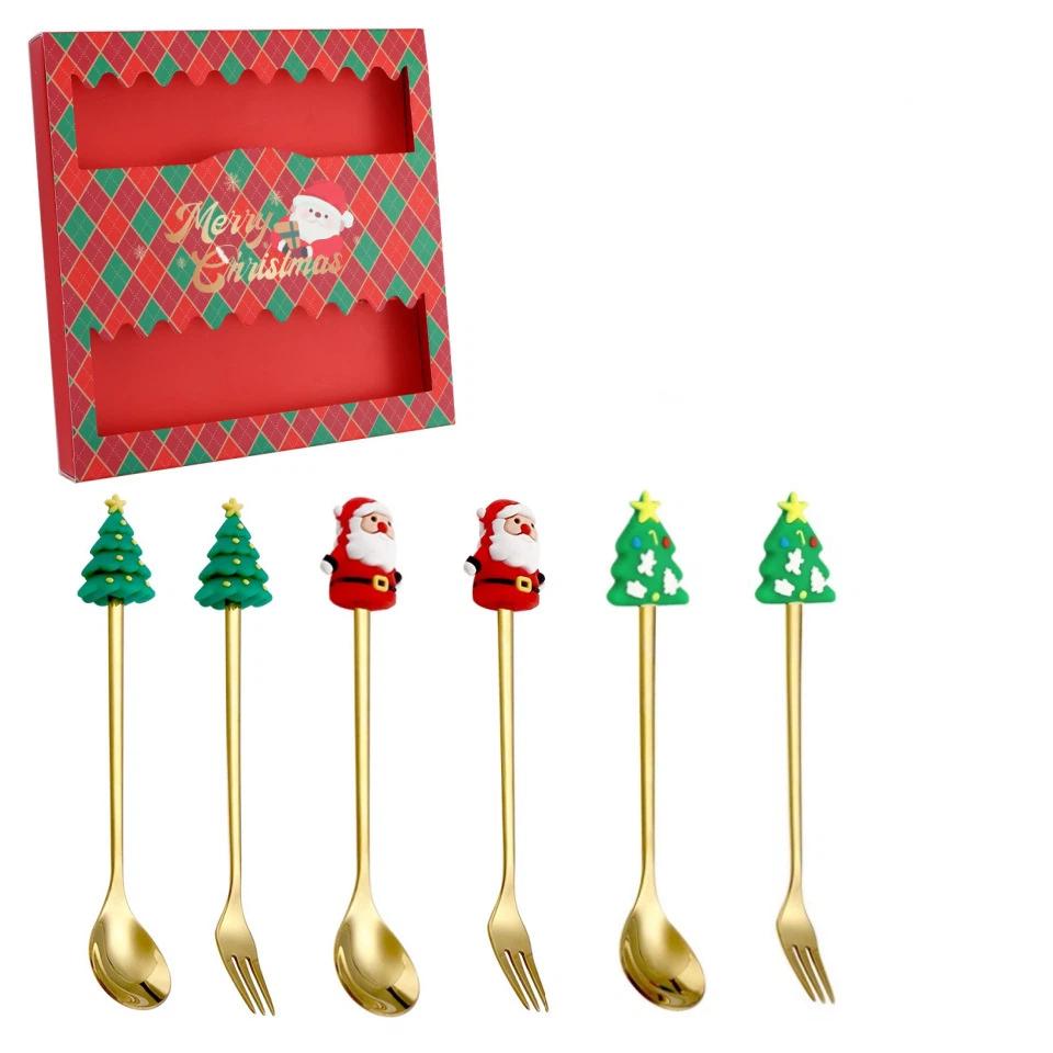 Weihnachtsgeschirr Edelstahl Löffel Gabel Set Kreativer Schneemann Löffel Kaffeelöffel Obstgabel Perfekte Feiertags-Tischdeko