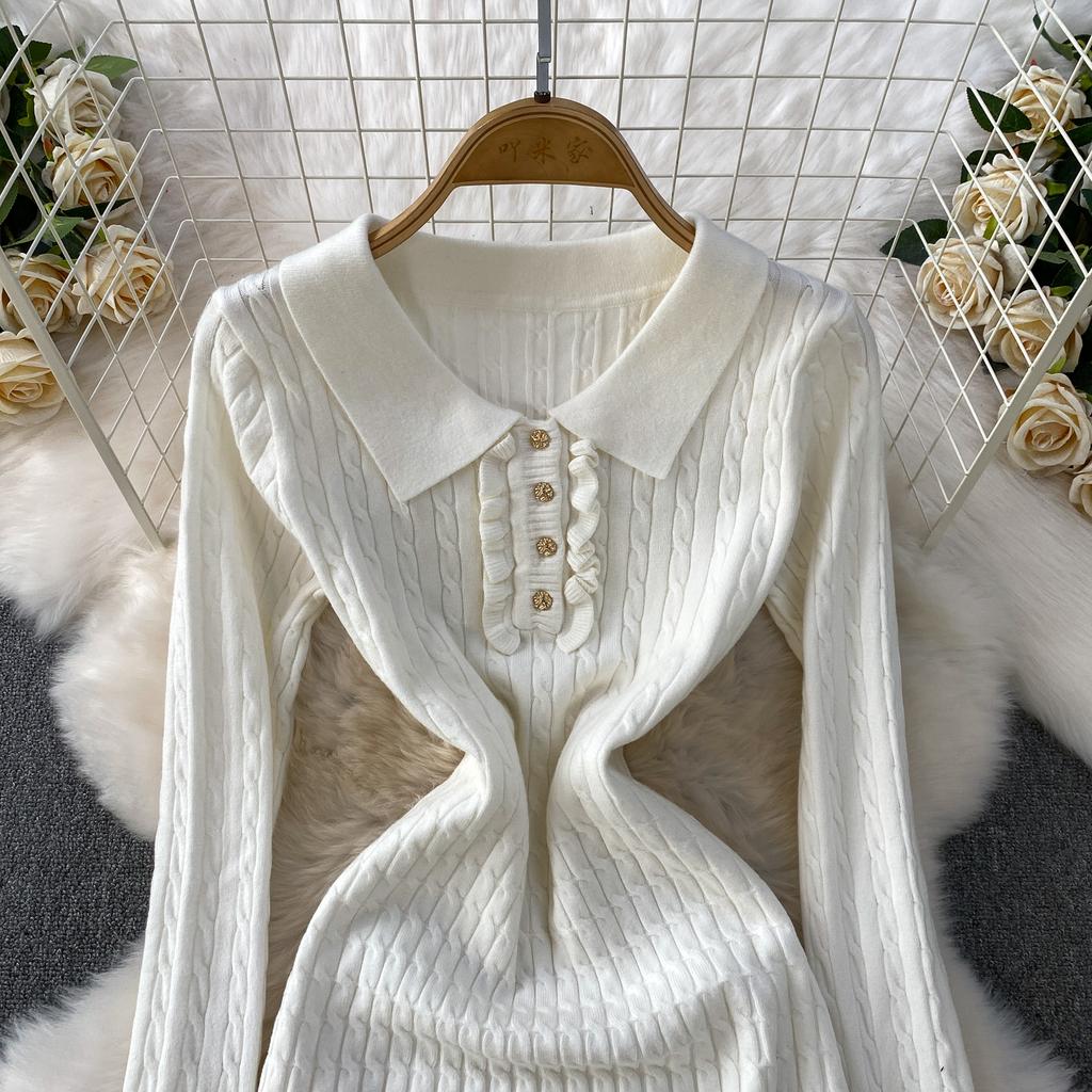 Autumn Winter High Waist Polo Knitted Umbrella Dresses  New Long Sleeve Casual Loose Sweater A-line Dresses Female