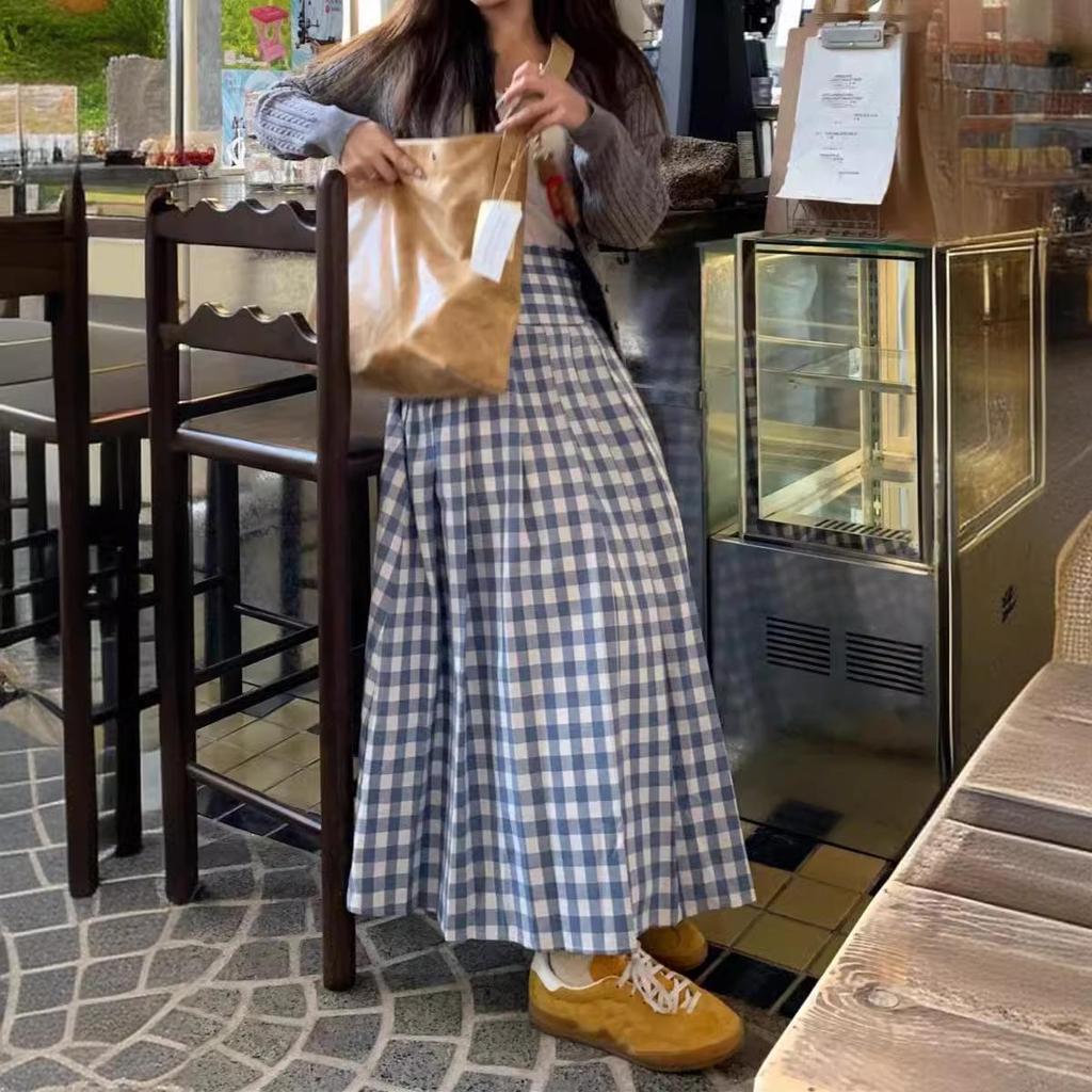 Plus Size Blue Plaid A-line Midi Skirt for Pear-shaped Bodies