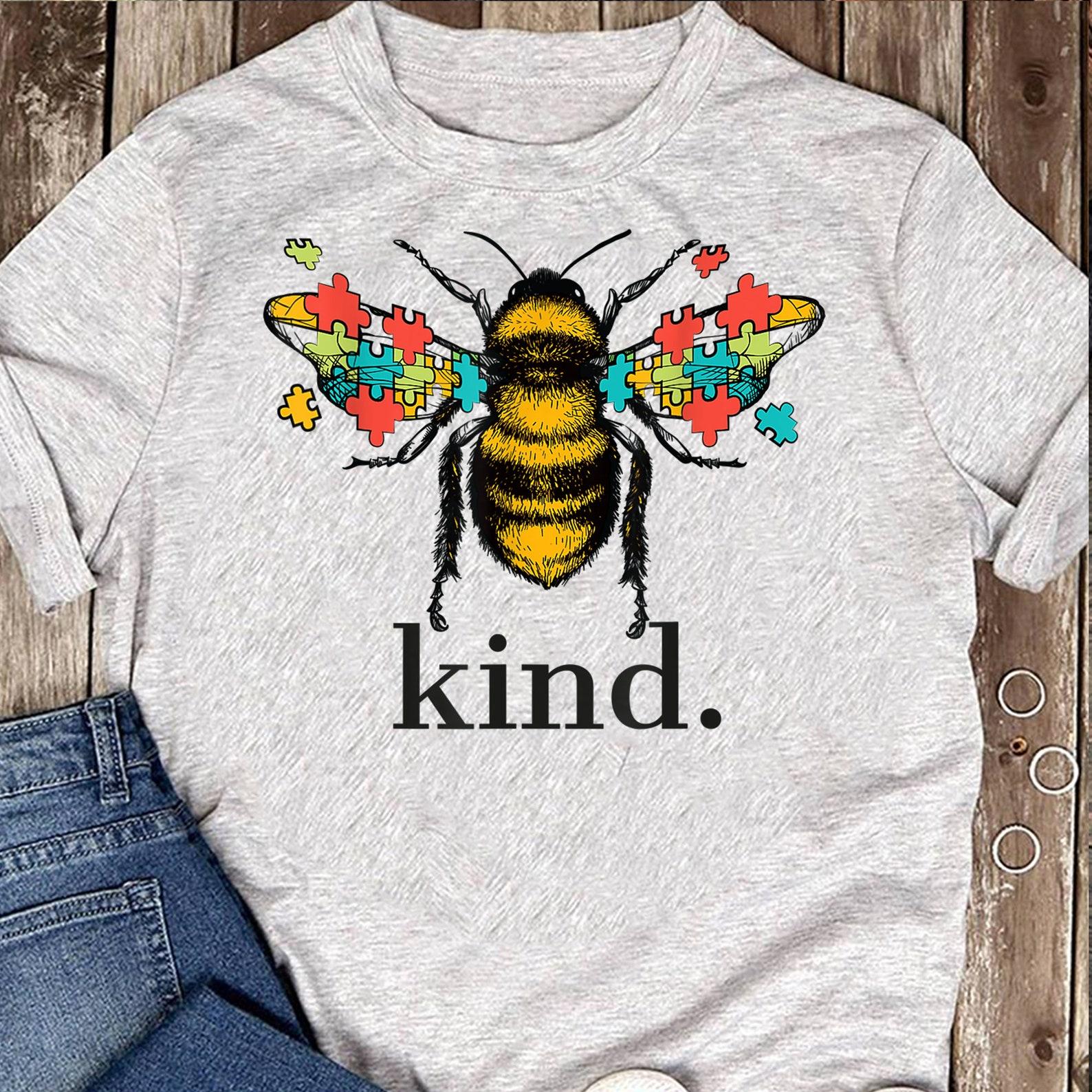 Autism Awareness Bee Kind T-Shirt: Puzzle Piece Wings L