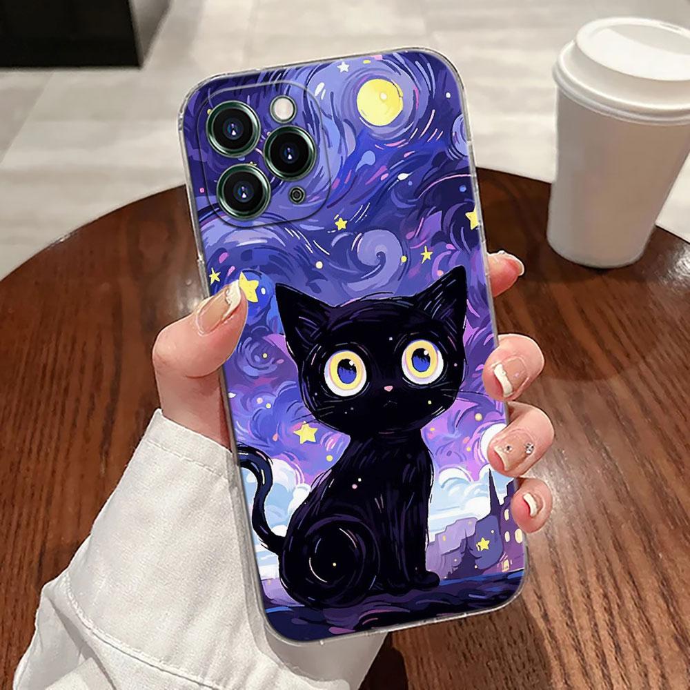 Retro Oil Painting Starry Sky Cat Case For Apple iPhone 17 16 15 14 13 12 11 Pro Max 16 Plus 16E 17Air 17Pro Phone Cover Funda