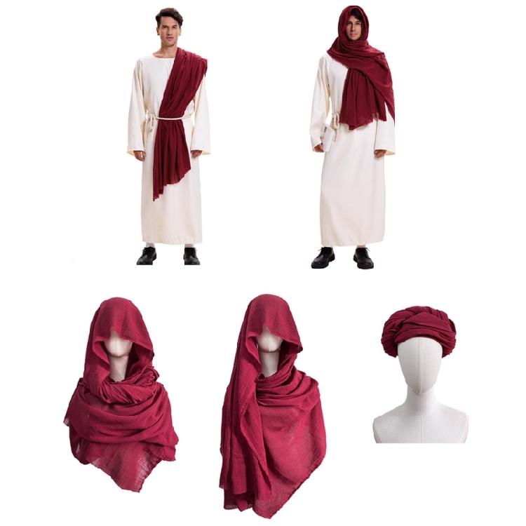 Men's Muslims Dress Caftan Robe Long Sleeve Stand Collar Jubba Thobe Man Leisure Dress Thobe with Arab Head Scarf Rope