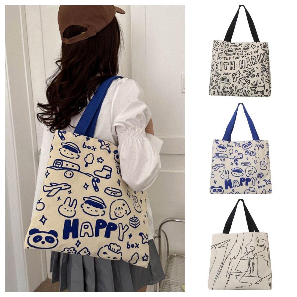 

Letter Canvas Tote Bag Graffiti Reusable Shopping Bag Fashion Large Capacity Tote Bag School