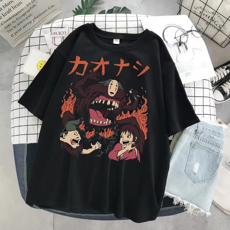 Hayao Miyazaki Anime Series Totoro Printed Men's and Women's Casual Loose Round Neck Short Sleeves Harajuku Anime Tshirt