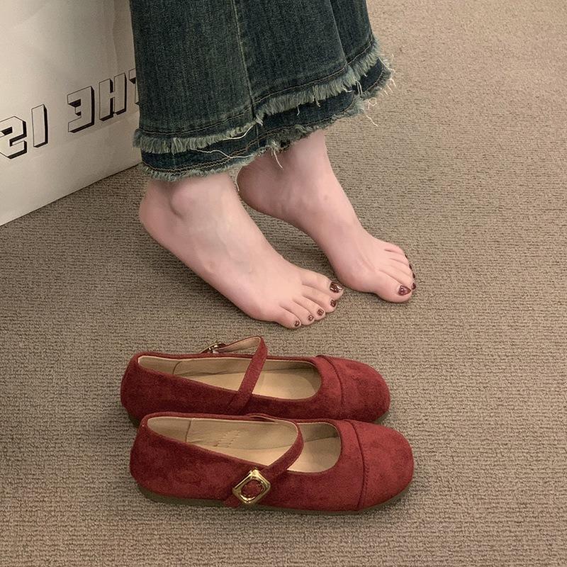 Light mouth red single shoes female spring and autumn new retro gentle fairy suede Mary Jane shoes flat beanie shoes