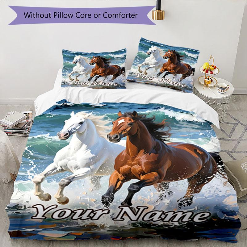3PC Custom Name Horses Ocean Wave Bedding Set Duvet Cover Closure Includes 1 Duvet Cover & 2 Pillowcases for Bedroom