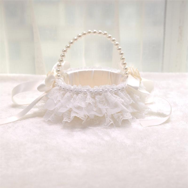 Lace Ruffle Wedding Baskets Bowknot Flower Baskets for Wedding Ceremony Wedding Flower Girl Basket with Pearls Handle