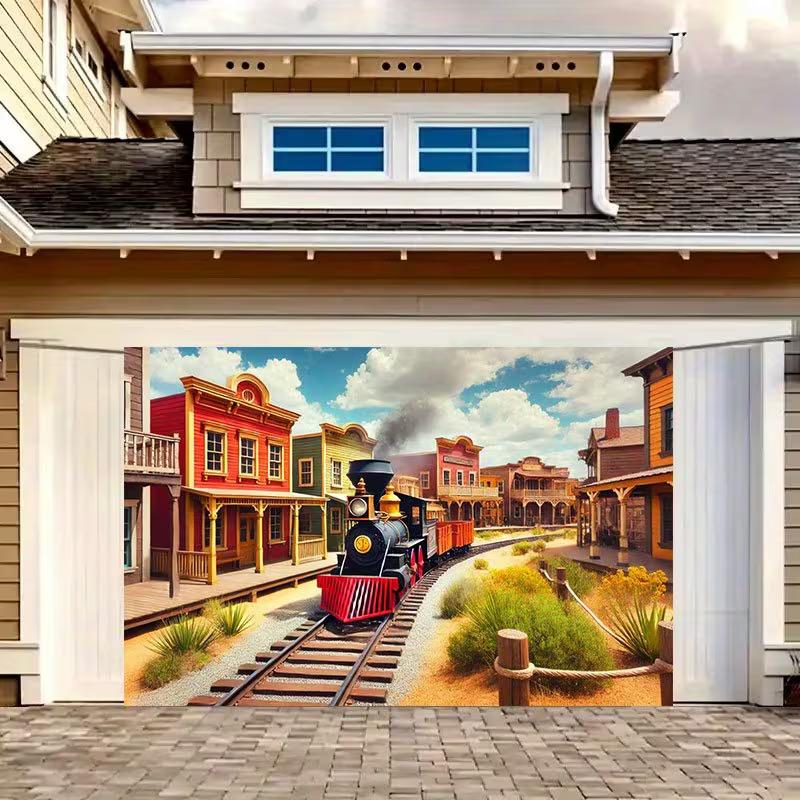 Vintage Cowboy Town & Train Banner, Kids Western Birthday Party Decor