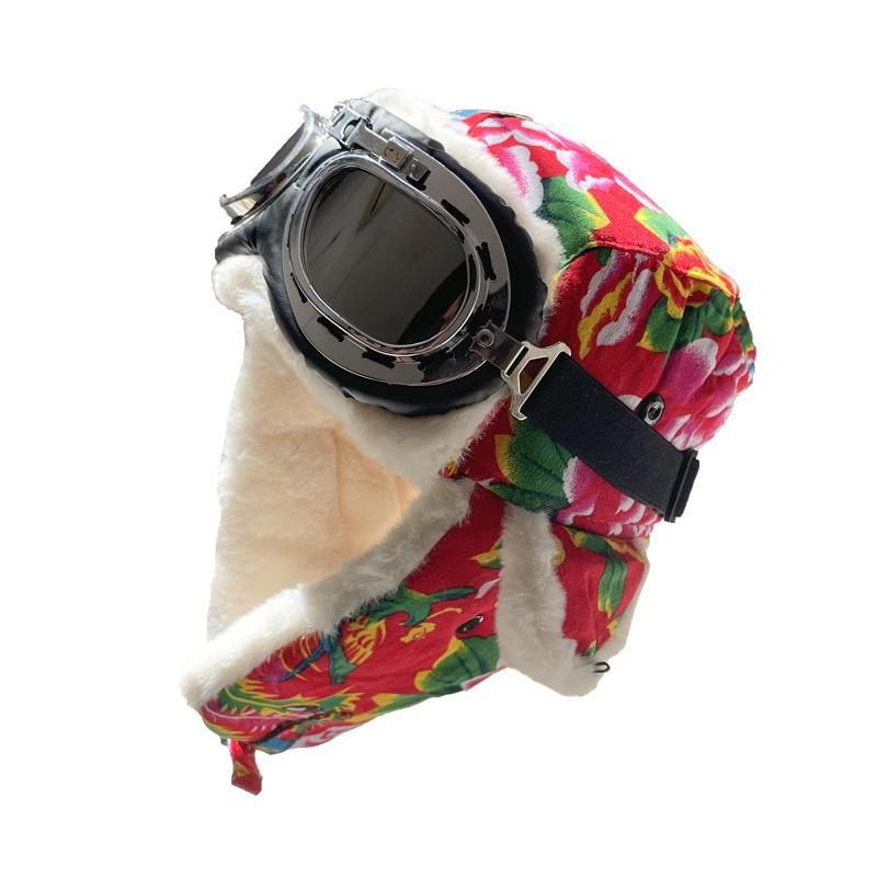 Cappello da pilota imbottito in cotone con protezione per le orecchie, da uomo e da donna, con grande fiore in tessuto Lei Feng